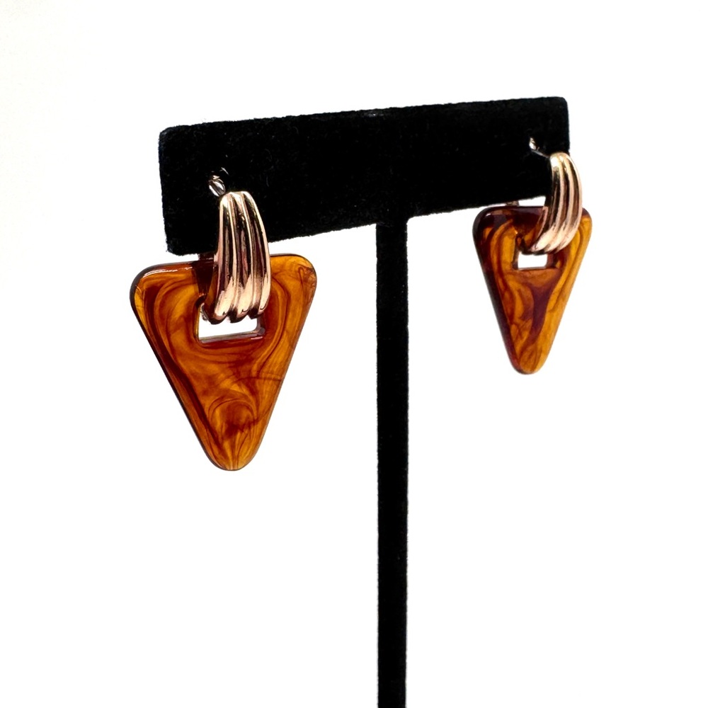 Vintage Avon Lucite Tortoise Shell Triangle Drop Door Knocker Earrings